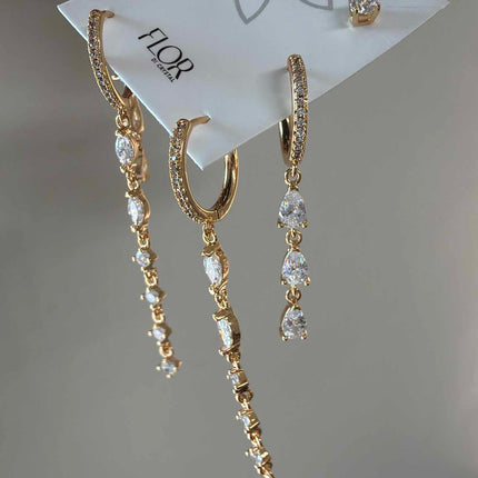 Trio Brincos de argola cascata cravejado luxo