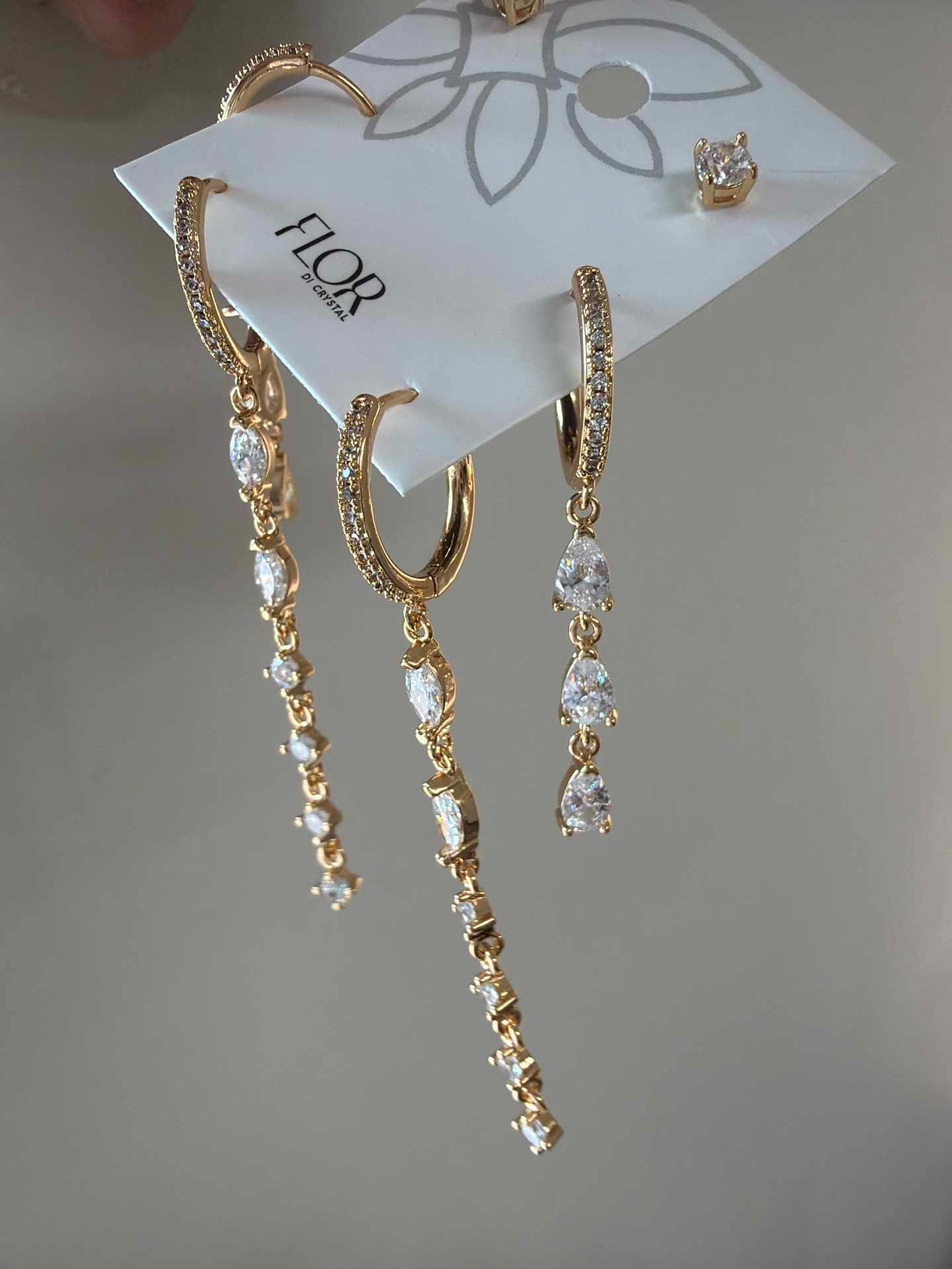 Trio Brincos de argola cascata cravejado luxo