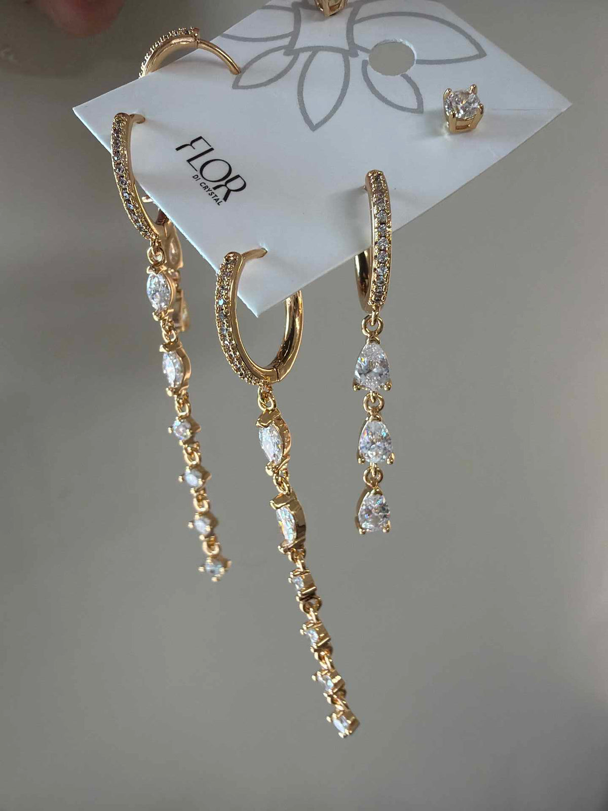 Trio Brincos de argola cascata cravejado luxo