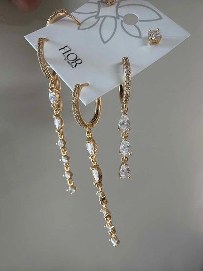 Trio Brincos de argola cascata cravejado luxo