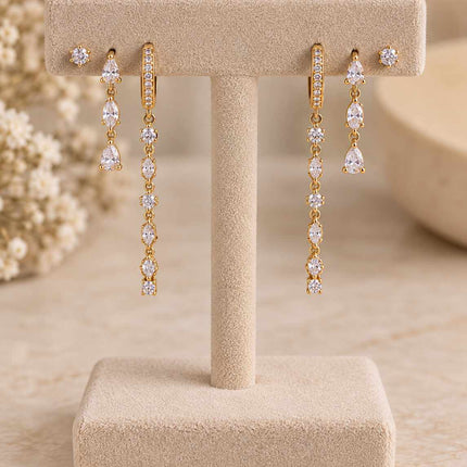 Trio Brincos de argola cascata cravejado luxo