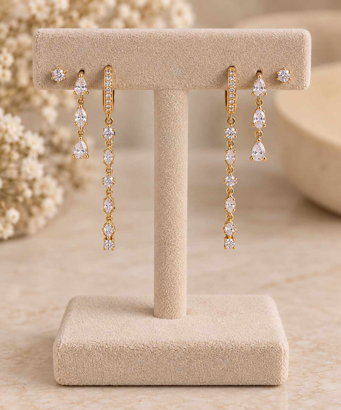 Trio Brincos de argola cascata cravejado luxo