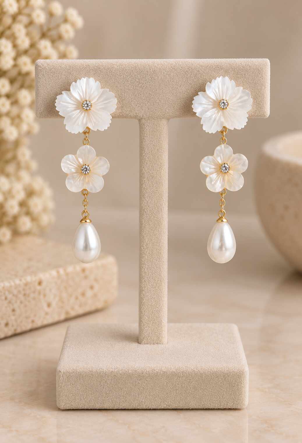 Brinco flores de madre perola