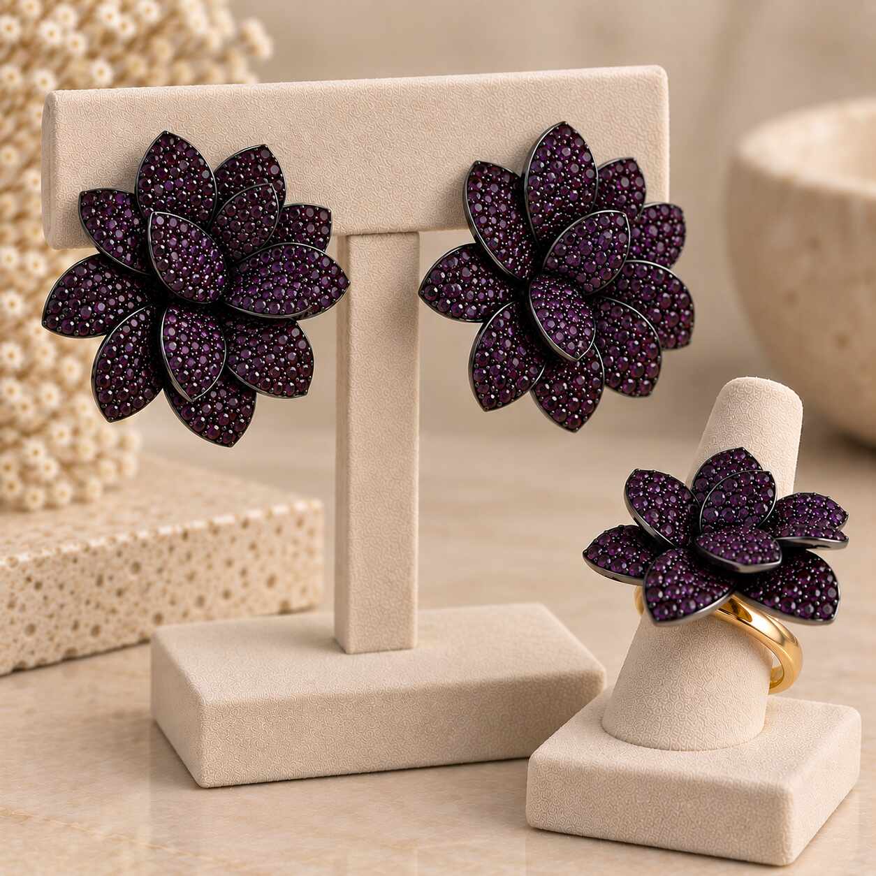 Maxi flower earing and ring 18k