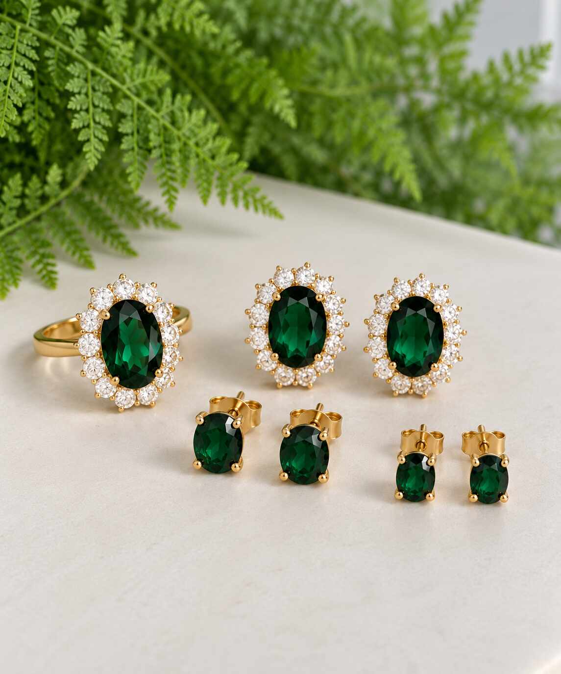 Trio de brincos maxi esmeralda com anel 