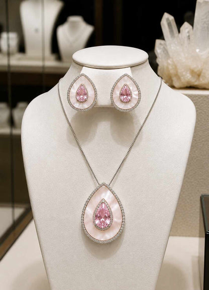 Conjunto oval madre perola e zirconias - rosa