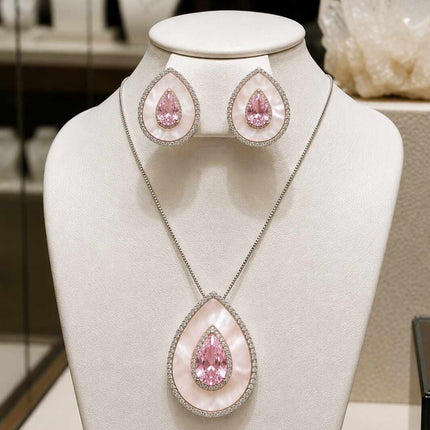 Conjunto oval madre perola e zirconias - rosa