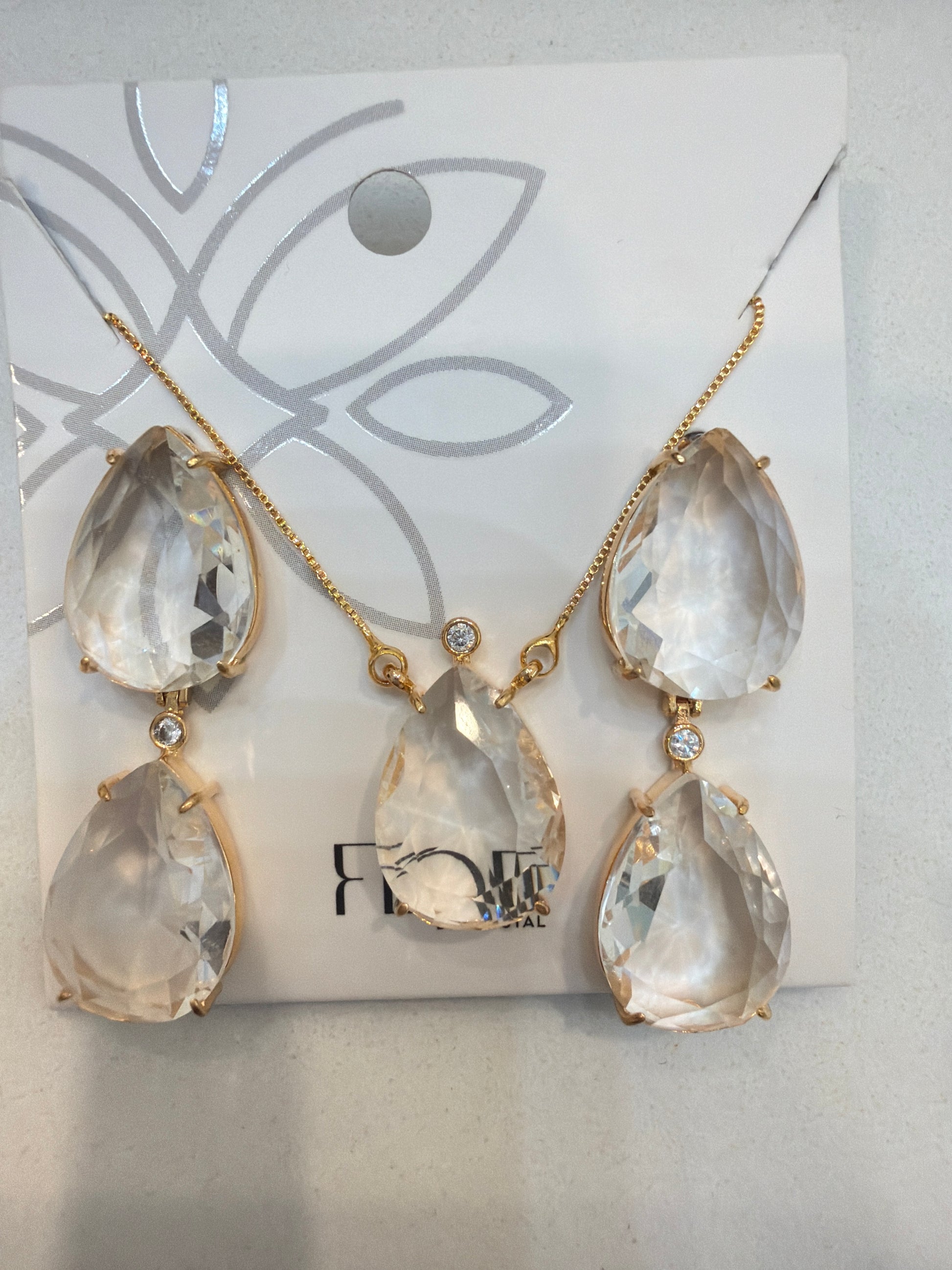 conjunto de brinco e colar de duas gota Cristal 