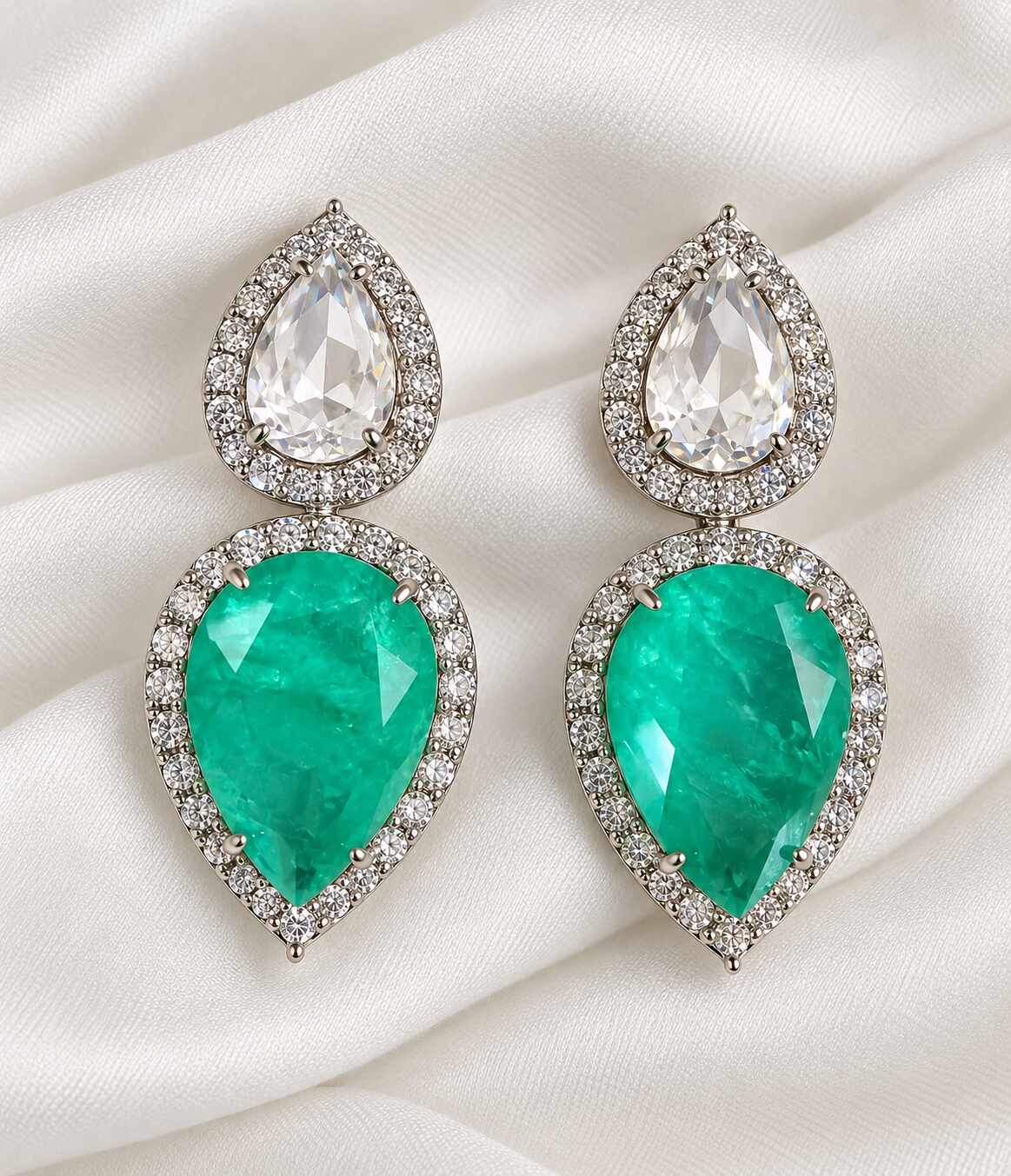 Brinco Luxo gotas Cristal e Verde aqua fusin