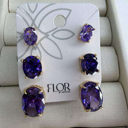 Trio de brincos ovais 10mm em zirconia roxo ametis