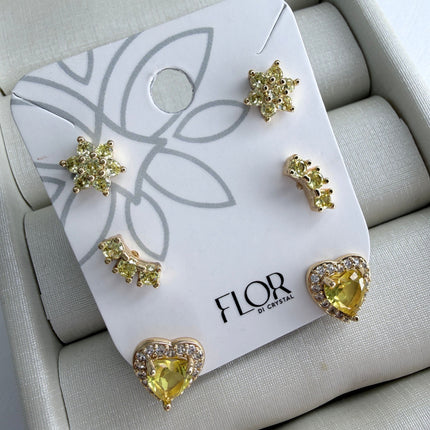 Trio de brincos em zirconia amarela flor, ear cuff