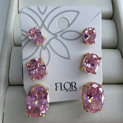 Trio de brincos ovais 10mm em zircônia 7A rosa