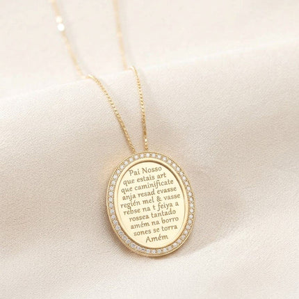 Colar medalha oval Pai Nosso cravejada