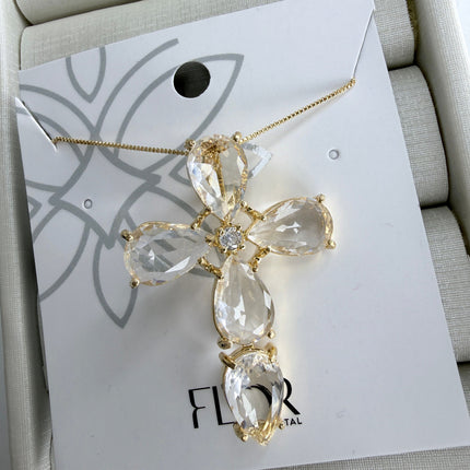 Colar cruz cristal em gotas cravejadas