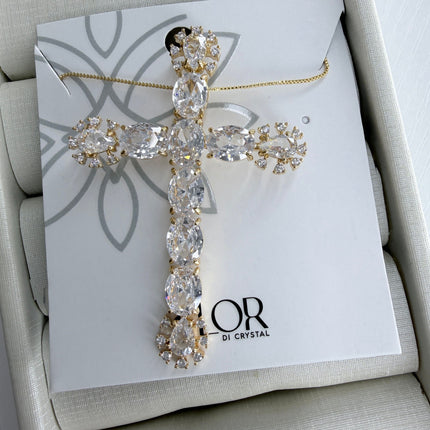 Colar cruz cristal navete com contorno