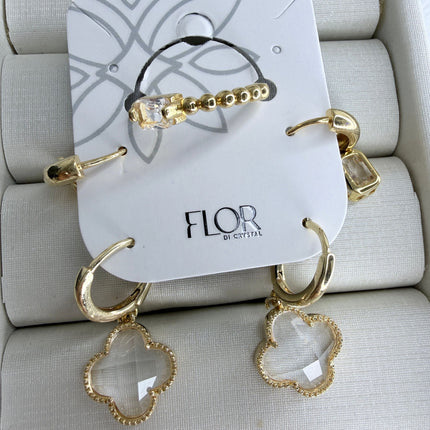 Trio de brincos e anel trevo cristal