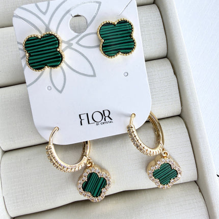 Duo de brincos trevo verde malaquita