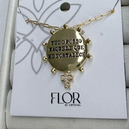 Colar medalha Tudo posso com cruz