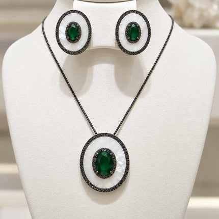 conjunto madre perola oval  onix negro com verde