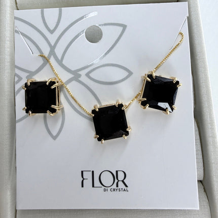 Conjunto colar e brinco pedra preta quadrada