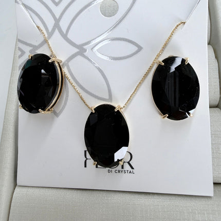 Conjunto colar e brinco pedra preta oval
