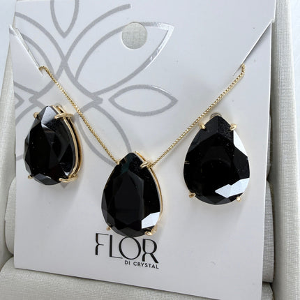 Conjunto colar e brinco pedra preta gota
