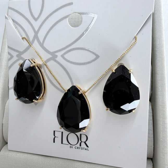 Conjunto colar e brinco pedra preta gota