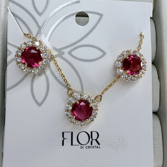 Conjunto redondo rosa com halo cravejado