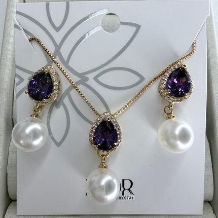 Conjunto colar e brinco gota ametista com pérola