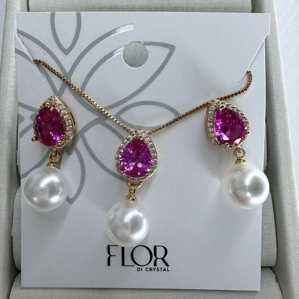 Conjunto colar e brinco gota rosa com pérola