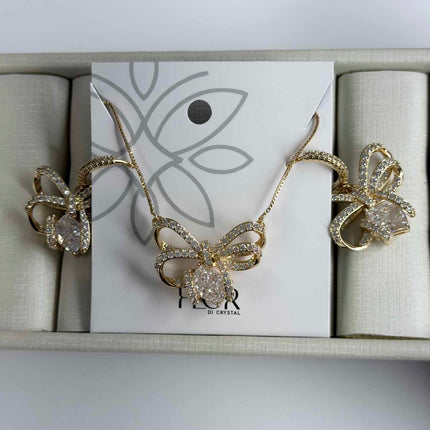 Conjunto colar e brinco laço cravejado em zircôn