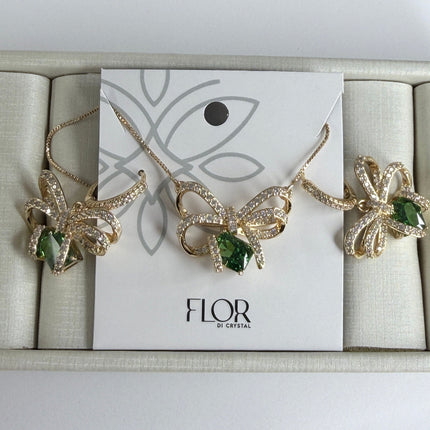 Conjunto colar e brinco laço com pedra verde