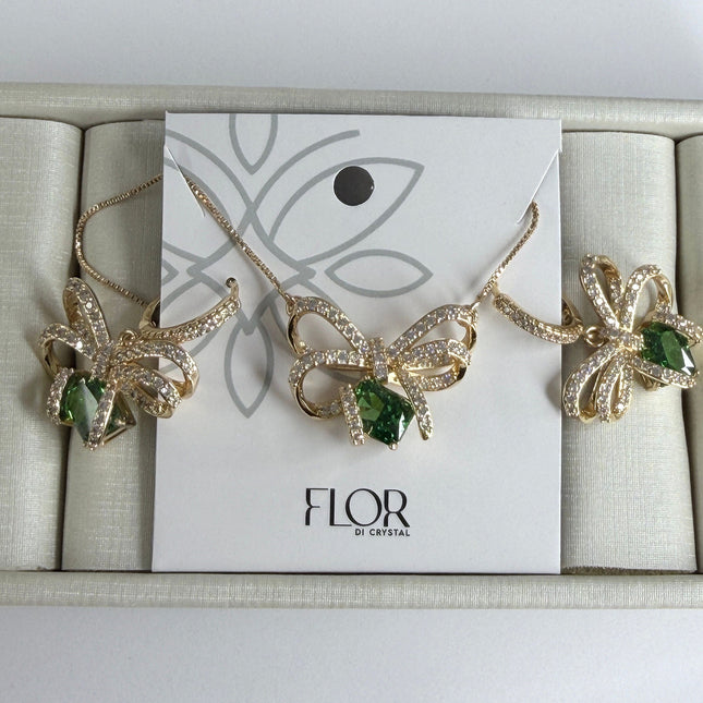 Conjunto colar e brinco laço com pedra verde