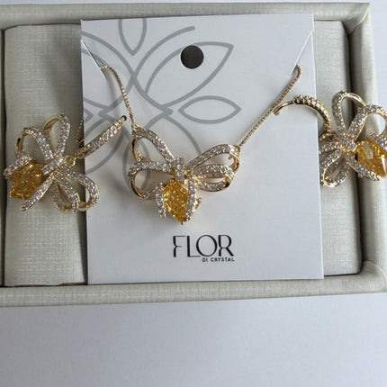 Conjunto colar e brinco laço com pedra amarelo