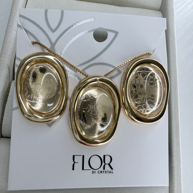 Conjunto colar e brinco oval liso dourado
