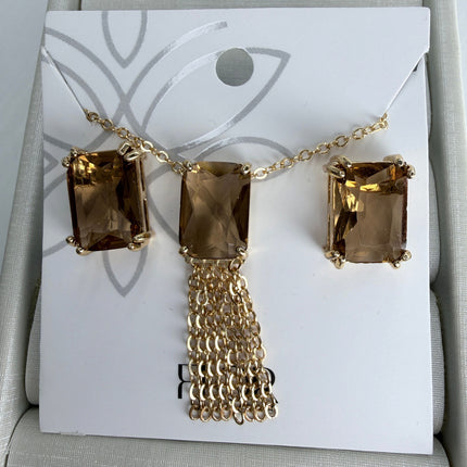 Conjunto colar e brincos retângulo champanhe com franja de corrente