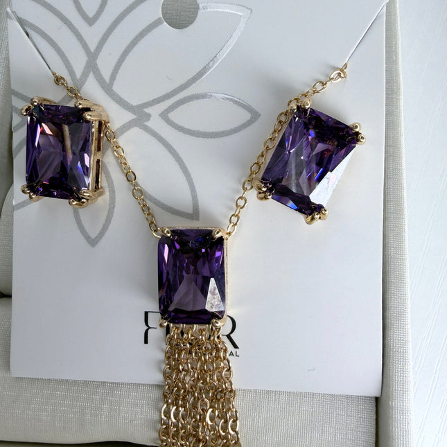 Conjunto colar e brincos retângulo roxo ametista com franja de corrente
