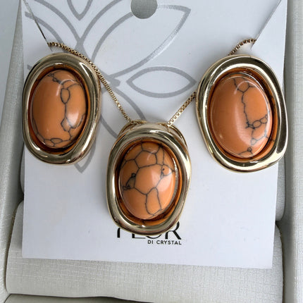 Conjunto colar e brincos oval cabochão laranja marmorizado