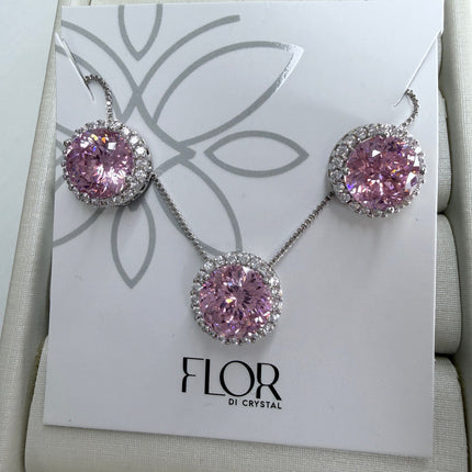 Conjunto colar e brincos redondo rosa com halo cravejado em zircônia