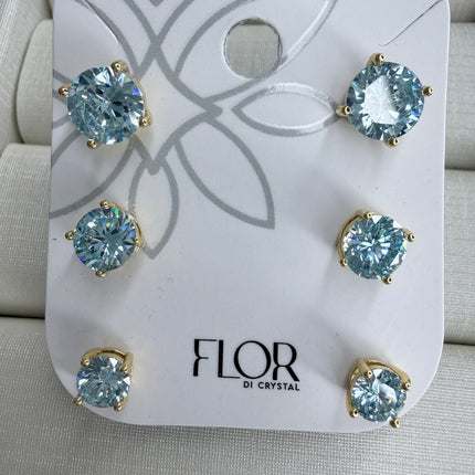 Trio brincos ponto luz azul aquamarine 8mm 6mm 4mm