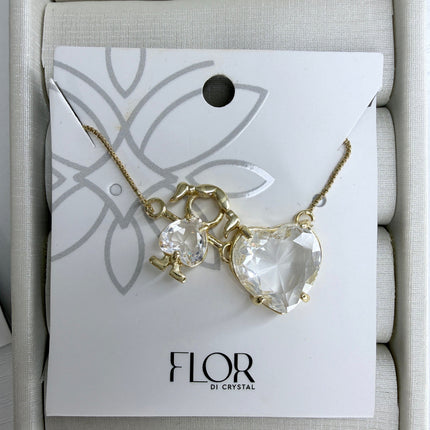 Colar coracao cristal pingente gota laco folheado
