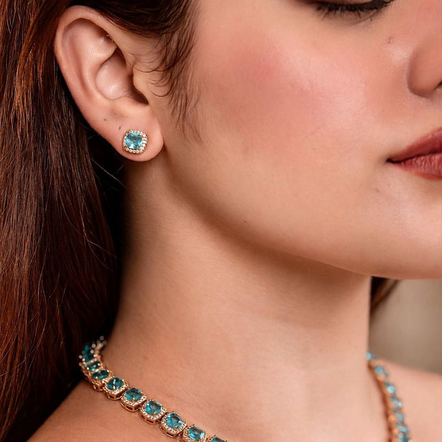 Conjunto colar pulseira brinco 10mm azul turquesa
