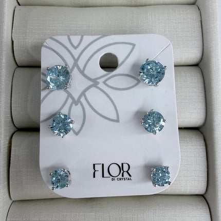 Trio brincos ponto luz azul aquamarine 8mm 6mm 4mm