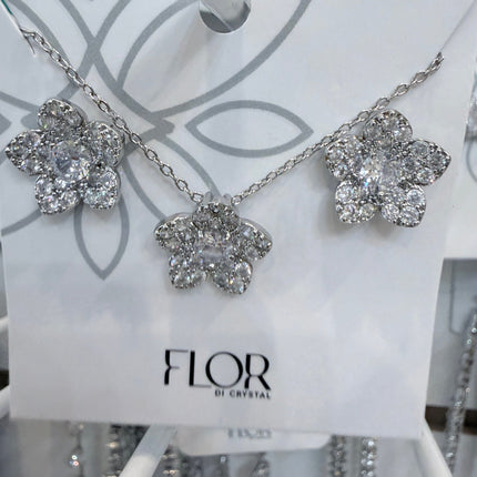 Conjunto colar brincos flores cravejadas ródio