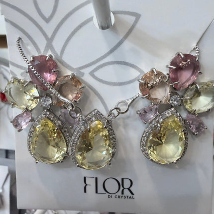 Conjunto colar brincos gotas coloridas ródio