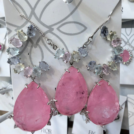 Conjunto gota rosa pedras candy ródio