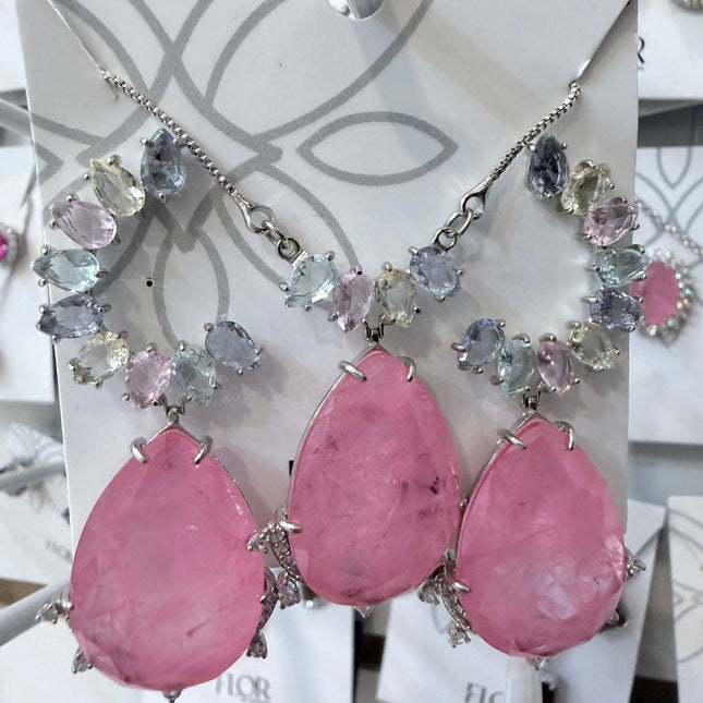 Conjunto gota rosa pedras candy ródio