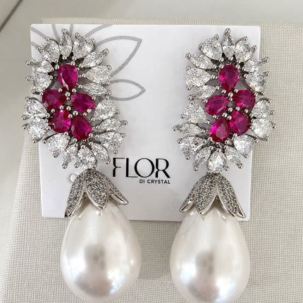 Brinco pérola gota flor pink zircônia ródio
