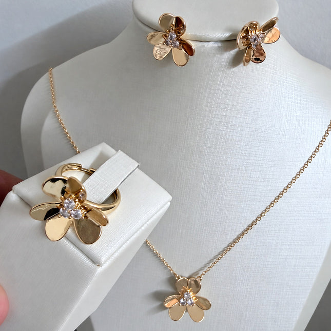 Conjunto flores colar, brincos anel folheado