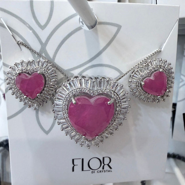 Conjunto colar brincos coração pink ródio